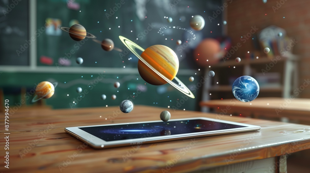 Aufkleber a tablet on a classroom desk displays an augmented reality hologram with planets and cosmos, illustr