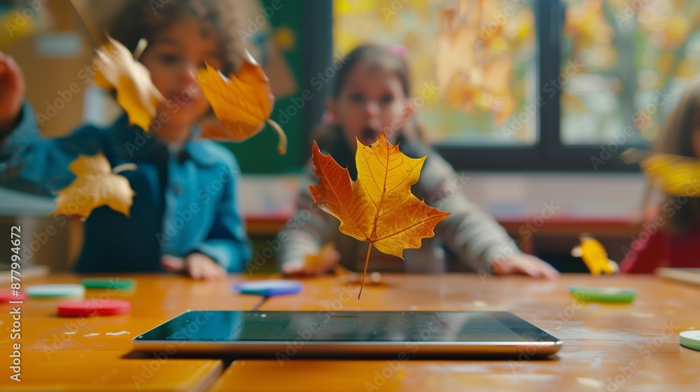 Poster a tablet on a classroom desk displays augmented reality, showcasing an innovative and engaging learn