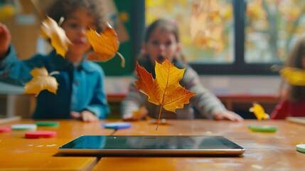 A tablet on a classroom desk displays augmented reality, showcasing an innovative and engaging learning experience. AR in education revolutionizes traditional teaching methods.