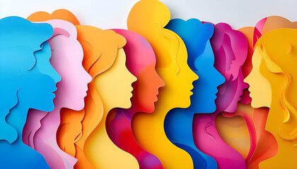 men and women crowd portrait in profile silhouette isolated in paper cut style