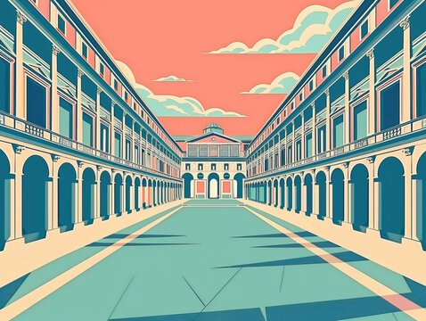 Risograph riso print travel poster, card, wallpaper or banner illustration, modern, isolated, clear and simple of Uffizi Gallery, Florence, Italy. Artistic, screen printing, graphic design