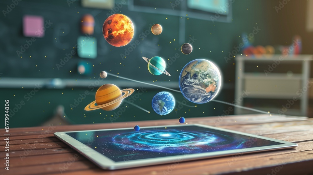 Aufkleber a tablet on a classroom desk displays an augmented reality hologram with planets and cosmos, illustr