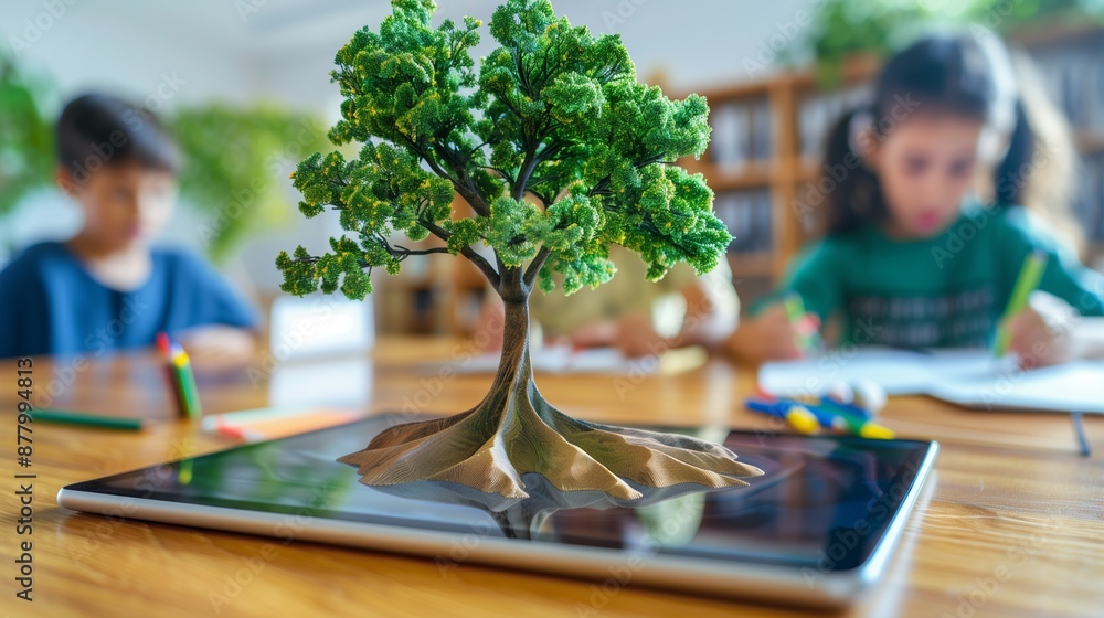 Aufkleber modern classroom with students using tablets for augmented reality biology lessons, featuring a 3d t