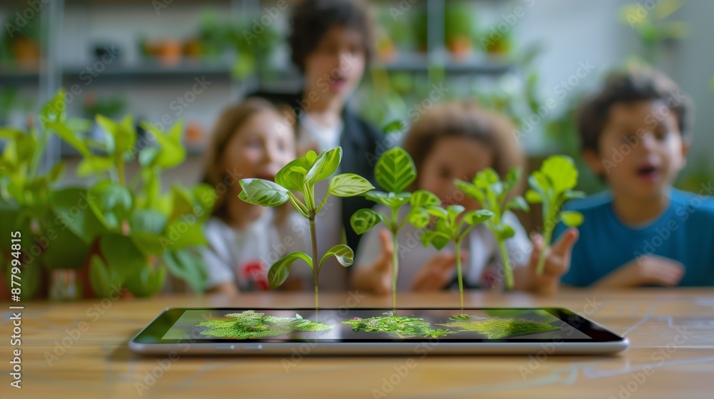 Aufkleber modern classroom with students using tablets for augmented reality biology lessons, featuring a 3d t