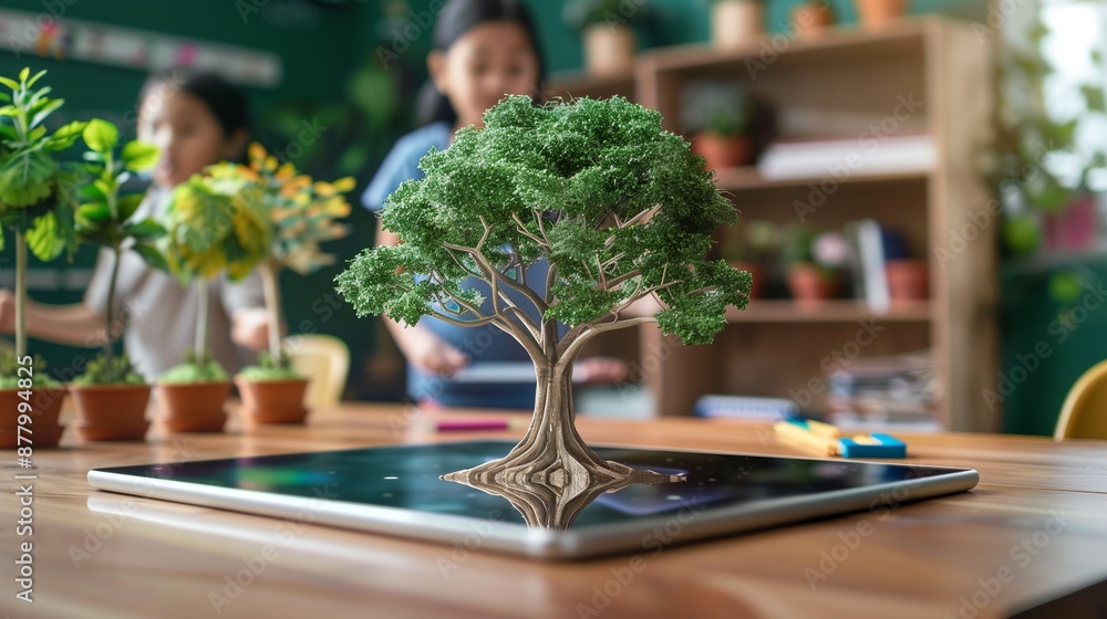 Poster a tablet on a classroom desk displays an augmented reality hologram of a tree, showcasing kids learn