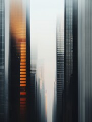 Abstract cityscape of tall skyscrapers with a modern blurred effect, creating a dynamic urban atmosphere during sunset.