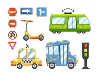 Fototapeta premium Cute Transport Elements Including Tram, Bus, Taxi, Scooter And Traffic Signs Like Stop, No Entry And Traffic Lights