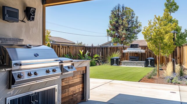 ranch-style home with a backyard barbecue area that includes a built-in smoker and a surround sound system