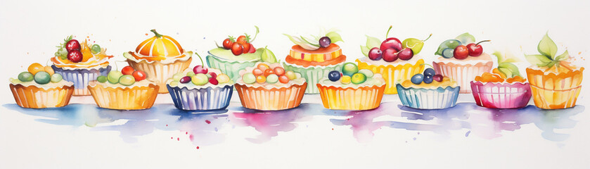 Watercolor painting of a row of colorful cupcakes with cherries on top. The cupcakes are arranged in a line, with each one having a different color. Concept of sweetness and indulgence.