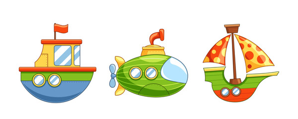 Cute Cartoon Transport Modes Including Boat, Submarine And A Sailing Ship. Each Vehicle Is Vividly Colored And Designed