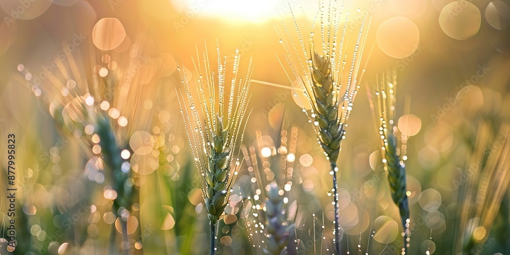 Poster wheat field with clear dew drops and illuminated by the soft warm morning sunlight blurring in the b