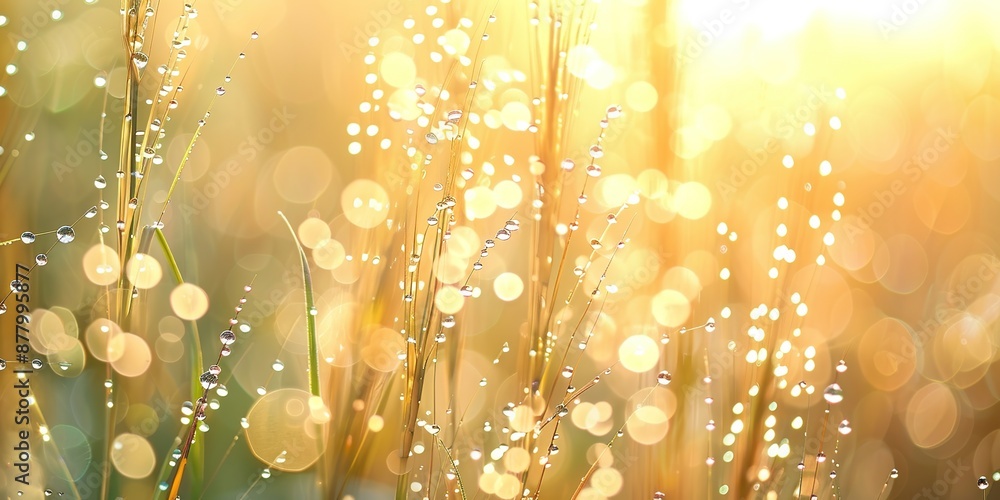 Poster wheat field with clear dew drops and illuminated by the soft warm morning sunlight blurring in the b