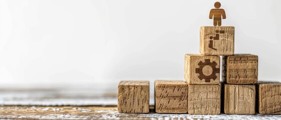 Wooden blocks stacked with a person figure on top.