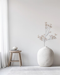 Minimalist relaxing interiors design composition with minimal furniture, window lighting and copy space. Residential realty luxurious property in neutral colors.