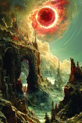Obraz premium Illustration of a space caravan, intricate and vibrant, caravans, shades of gold and black, detailed landscapes, creatures, dark purple, artwork is inspired, ZdzisBaw BeksiDski's