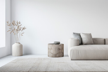 Minimalist relaxing interiors design composition with minimal furniture, window lighting and copy space. Residential realty luxurious property in neutral colors.