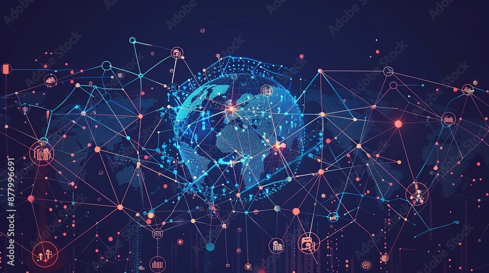 Poster Digital connections forming a intricate network of nodes representing global communication and technology.