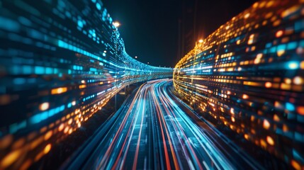 Fototapeta premium capturing digital data flow on a road, illustrating modern technology and connectivity