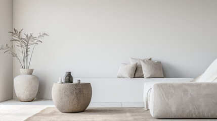 Minimalist relaxing interiors design composition with minimal furniture, window lighting and copy space. Residential realty luxurious property in neutral colors.