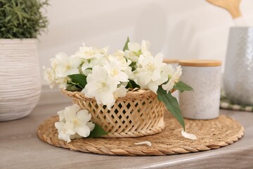 Beautiful jasmine flowers on wooden table indoors