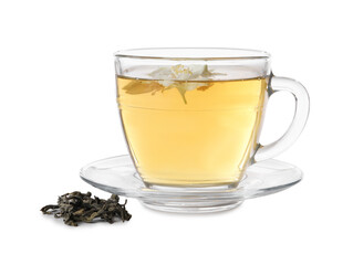 Aromatic jasmine tea in glass cup, flowers and dry leaves isolated on white