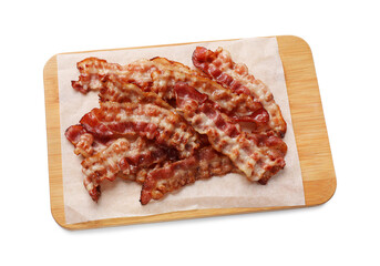 Slices of tasty fried bacon isolated on white, top view