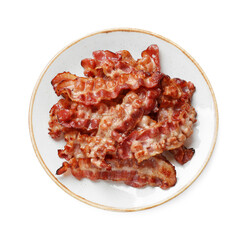 Slices of tasty fried bacon isolated on white, top view