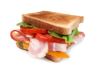 Tasty sandwich with bacon and bell pepper isolated on white
