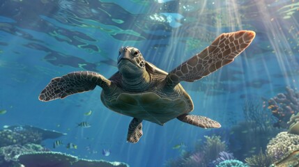 Fototapeta premium Sea Turtle Swimming Through Sunlit Waters