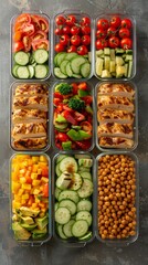 Top view of a tray filled with assorted types of healthy food in glass lunch boxes
