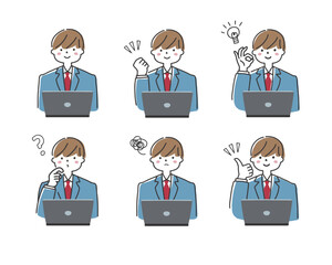 パソコンで調べものをする男子学生　表情のセット