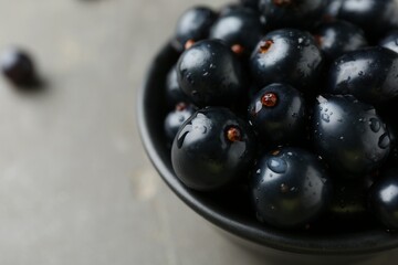 Ripe black currants in bowl on grey table, closeup. Space for text