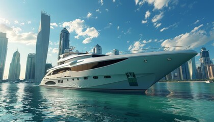 Modern cruise ship in the ocean against the backdrop of skyscrapers. A yacht for vacation and relaxation on the ocean.