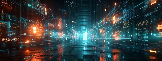 Fototapeta premium Abstract network grid with files and folders, futuristic software interface, digital document management system, store, search and organize documents, corporate business, paperless office 