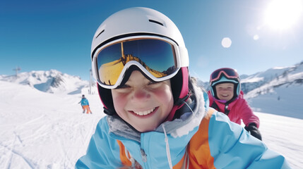 Two young children dressed in skiing gear, ready to hit the snowy slopes
