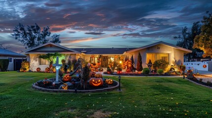 ranch-style home with a front yard featuring an elaborate Halloween setup, complete with spooky decorations and themed lighting