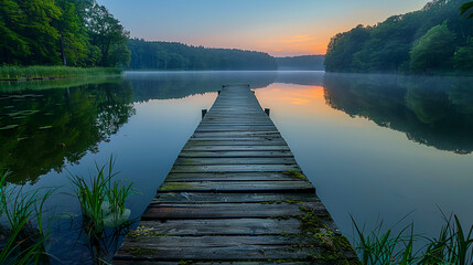 Obraz premium Tranquil Reflections: Serene Lake with Pastel-Colored Water and Dock