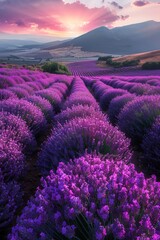 Obraz premium A panoramic view of a captivating lavender field in full bloom, highlighted by a soft purple hue and sunlight