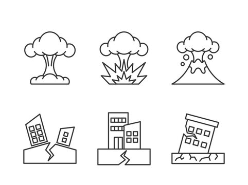 Black And White Icons Representing Natural Disasters As Earthquakes And Volcanic Eruptions, Vector Symbols