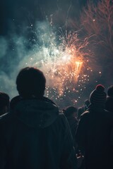 Naklejka premium A group of people watching a firework display on a summer evening