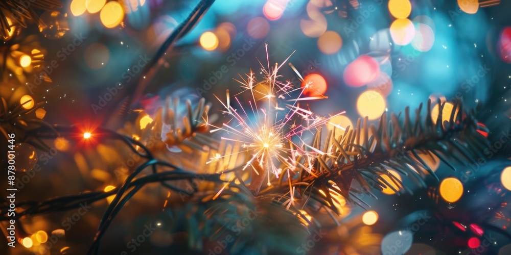 Poster a close-up shot of a firework exploding on top of a decorated christmas tree