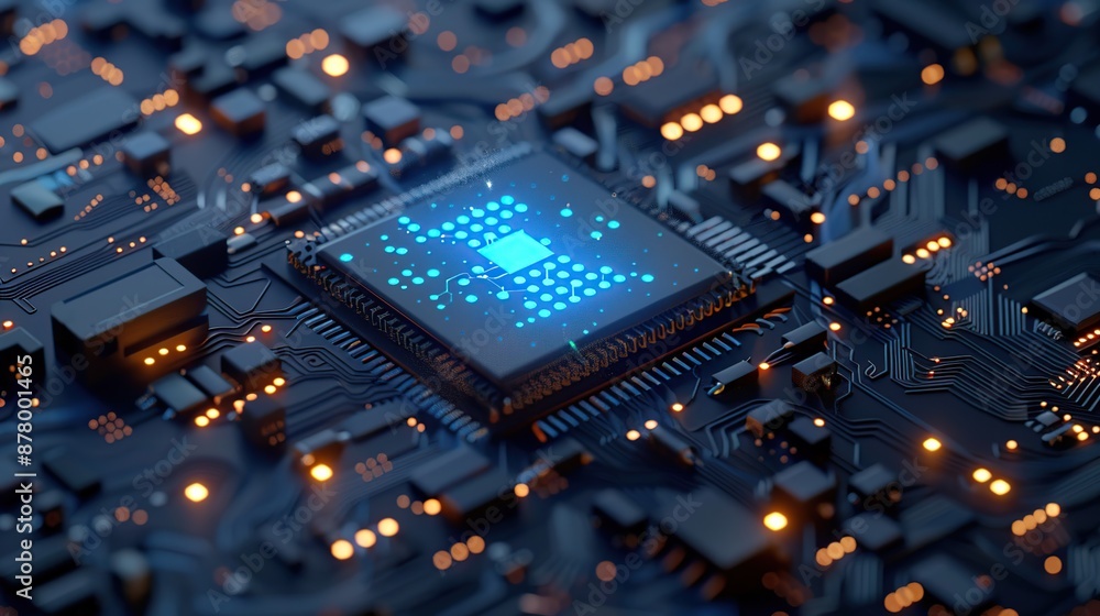 Aufkleber Glowing Microchip on Circuit Board with Intricate Electrical Pathways