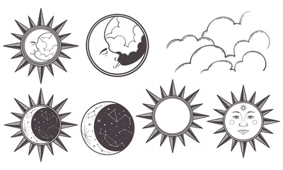 Set of sun, moon, stars, clouds, constellations and esoteric symbols. Alchemy mystical magic elements in black and white doodle vintage drawing style.