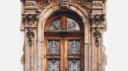 Obraz premium A high-definition image of a vintage wooden window with intricate details on a white background