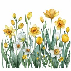 Obraz premium A watercolor illustration of a vibrant spring meadow with blooming daffodils and tulips
