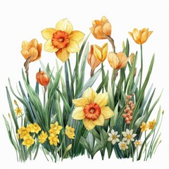 Obraz premium A watercolor illustration of a vibrant spring meadow with blooming daffodils and tulips