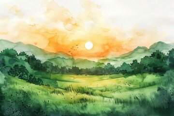 Naklejka premium A watercolor painting of a sunrise over a lush green field