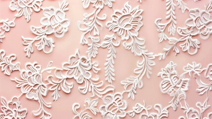 Elegant white floral lace appliqué pattern showcasing intricate needlework details isolated on a pale pink studio background for textile design.
