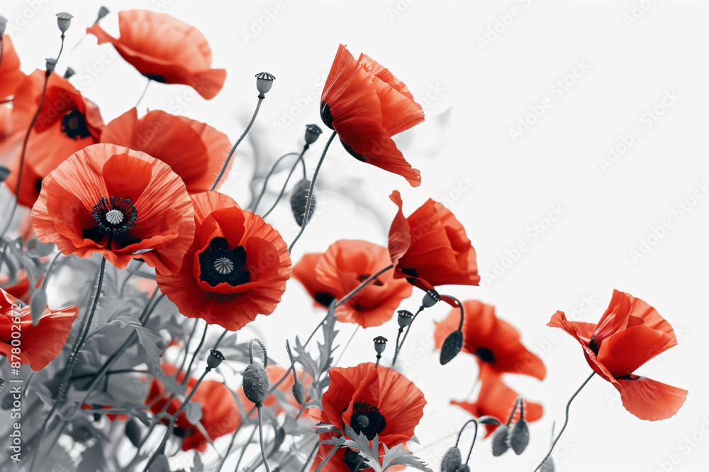 Poster red poppies on a white background, for war remembrance day in the style of color with black and gray
