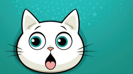 Playful cartoon cat with speech bubble on a vintage turquoise backdrop, perfect for greeting cards or social media posts.